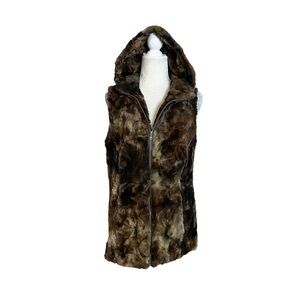 Erin London Women's Brown Faux Fur Hooded Zippered Vest with Pockets Size Large